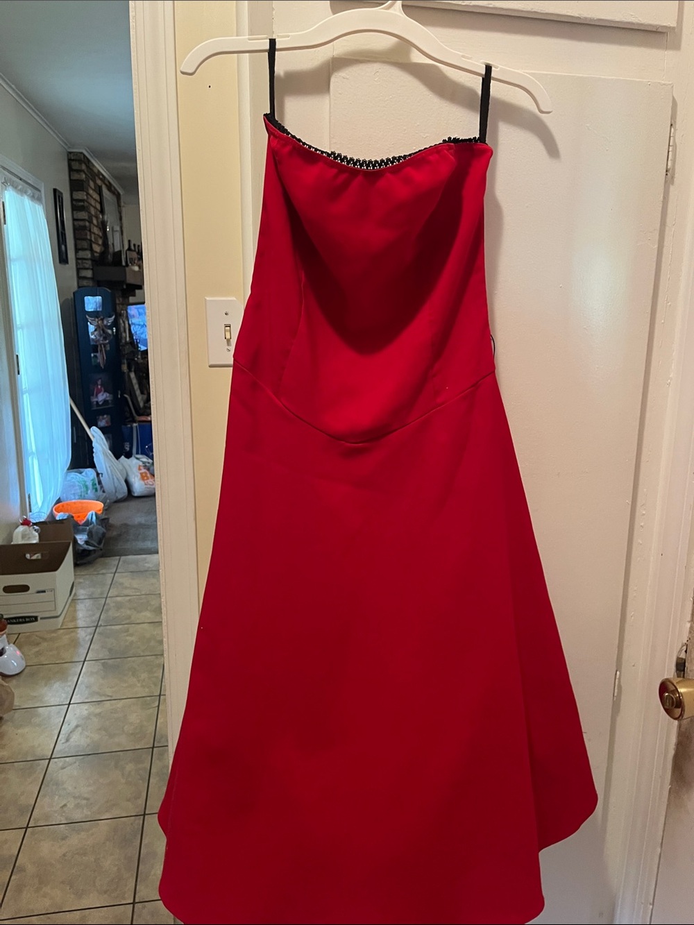 Ruby Rox Red Strapless A-Line Evening Dress with Black Trim